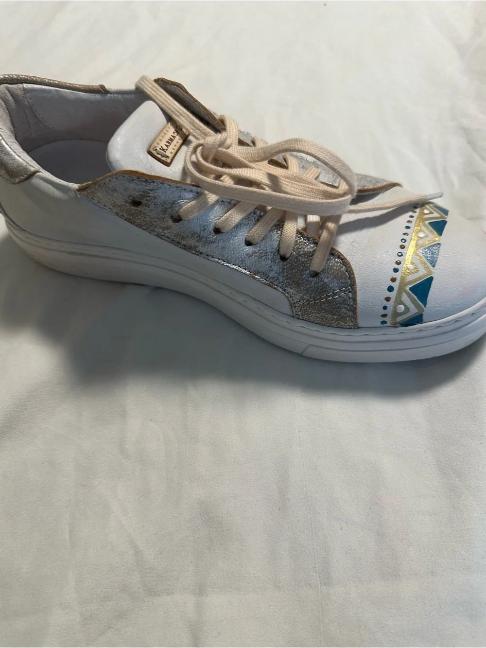 Karma of Charme Italian Leather Sneakers White Silver Blue Geometric Shoes EU 38